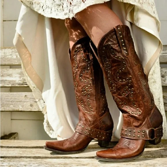 Studded Brown Heeled Boots - Picture 1 of 8